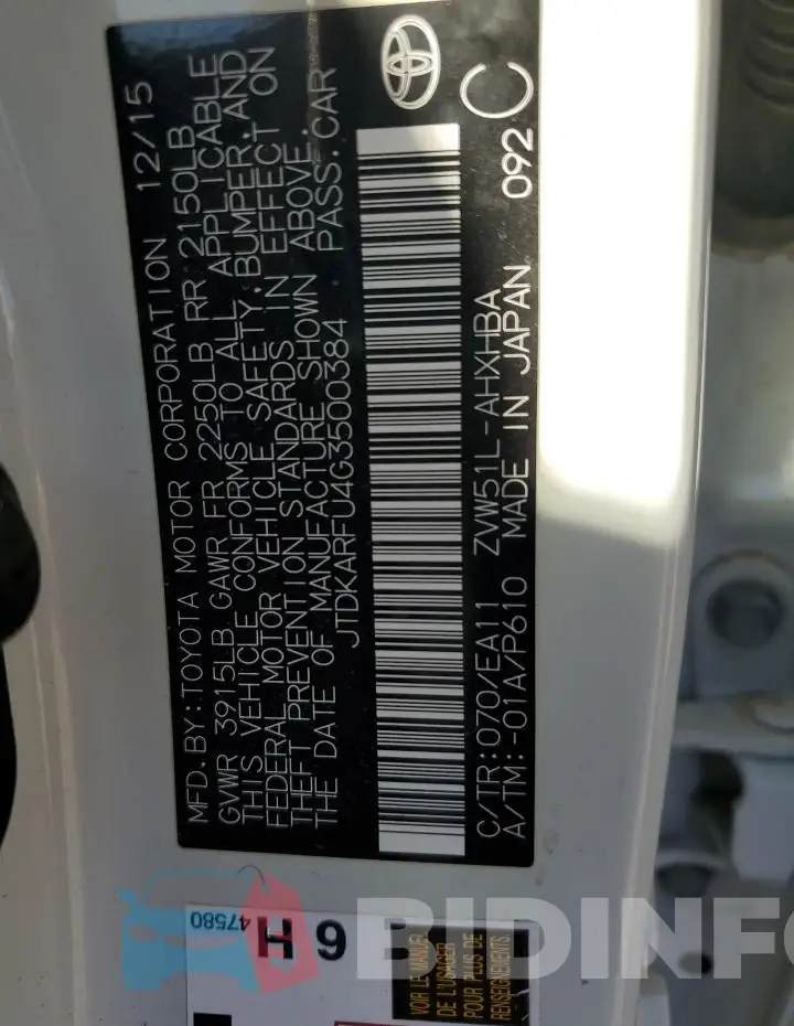 JTDKARFU4G3500384 Photo# 12