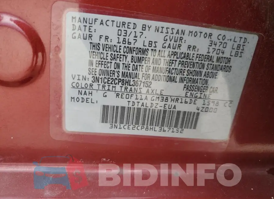3N1CE2CP8HL367152 Photo# 13