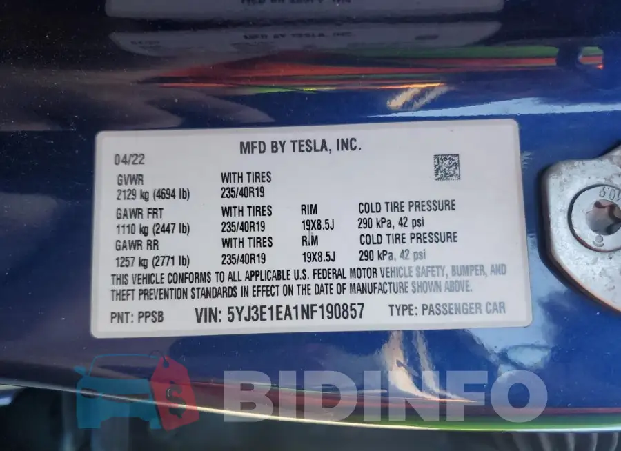 5YJ3E1EA1NF190857 Photo# 12