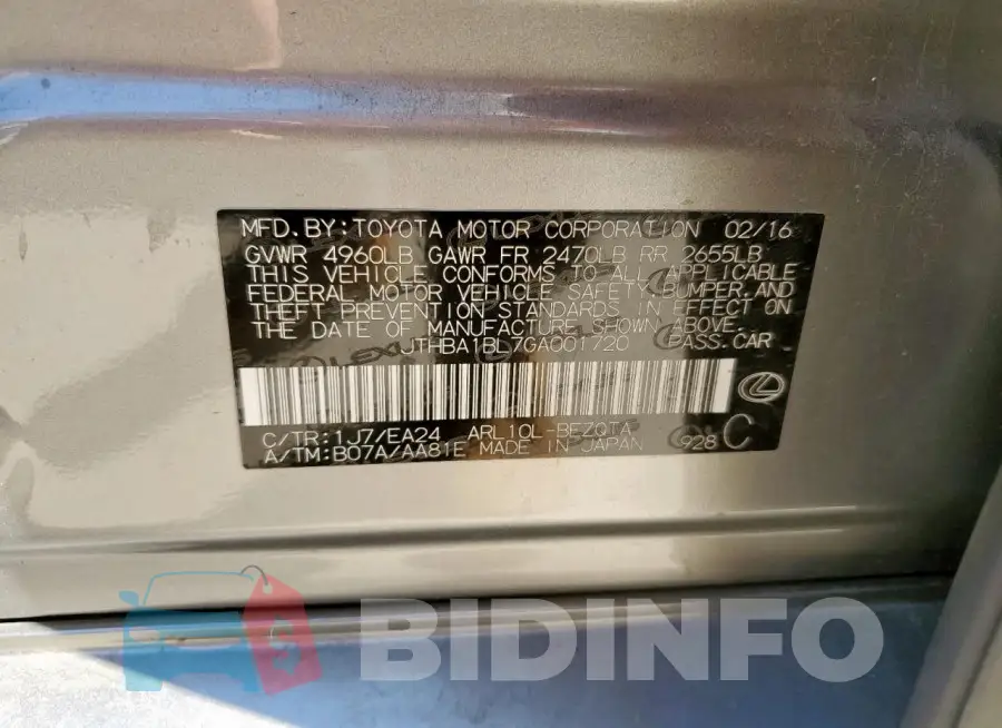 JTHBA1BL7GA001720 Photo# 12