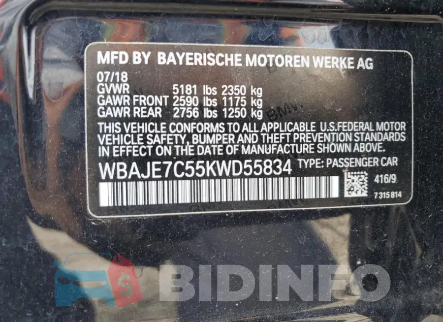 WBAJE7C55KWD55834 Photo# 13