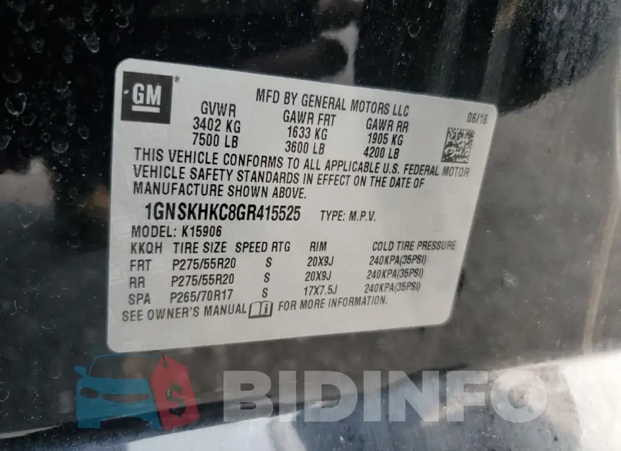 1GNSKHKC8GR415525 Photo# 13