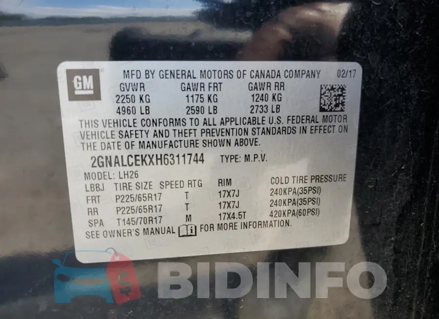 2GNALCEKXH6311744 Photo# 13