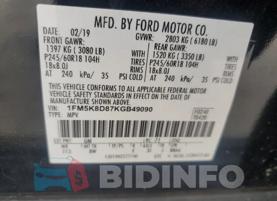 1FM5K8D87KGB49090 Photo# 12