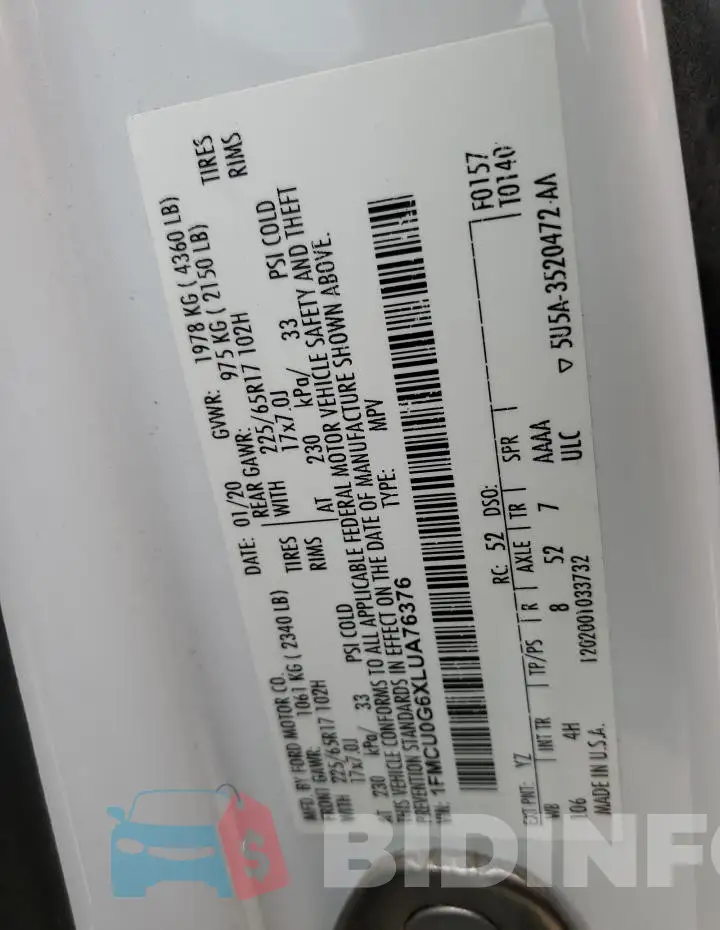 1FMCU0G6XLUA76376 Photo# 12