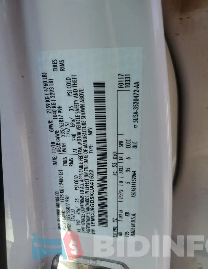 1FMCU9GD5KUA41522 Photo# 13