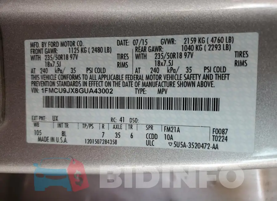 1FMCU9JX8GUA43002 Photo# 12