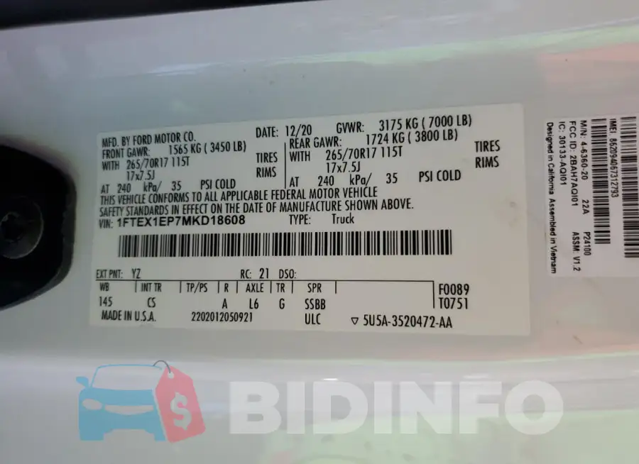 1FTEX1EP7MKD18608 Photo# 12