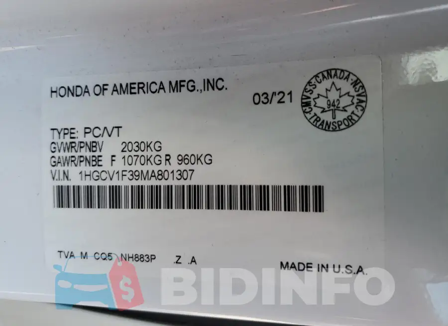 1HGCV1F39MA801307 Photo# 12