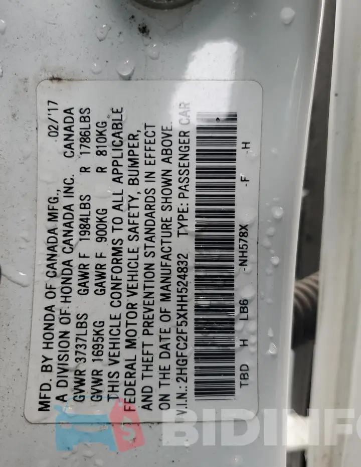 2HGFC2F5XHH524832 Photo# 13