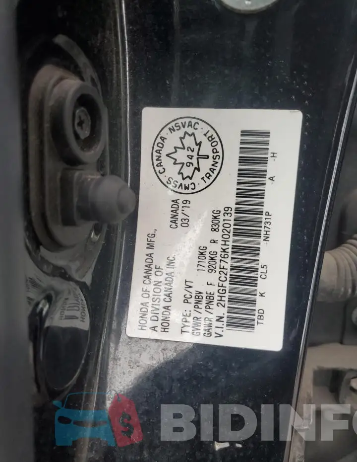 2HGFC2F76KH020139 Photo# 12