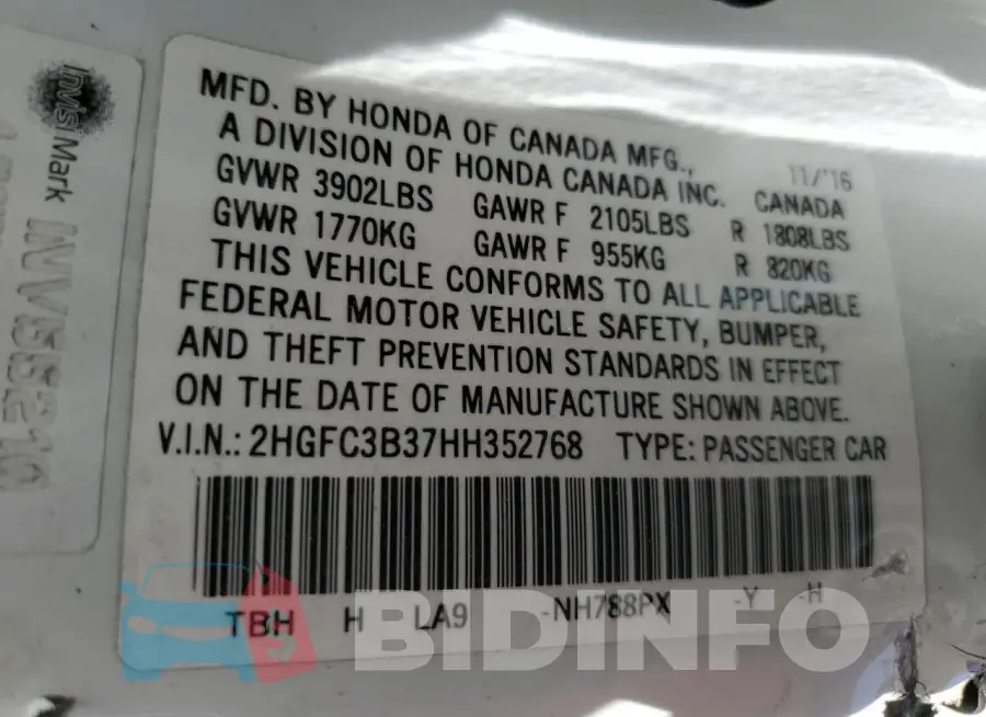 2HGFC3B37HH352768 Photo# 12