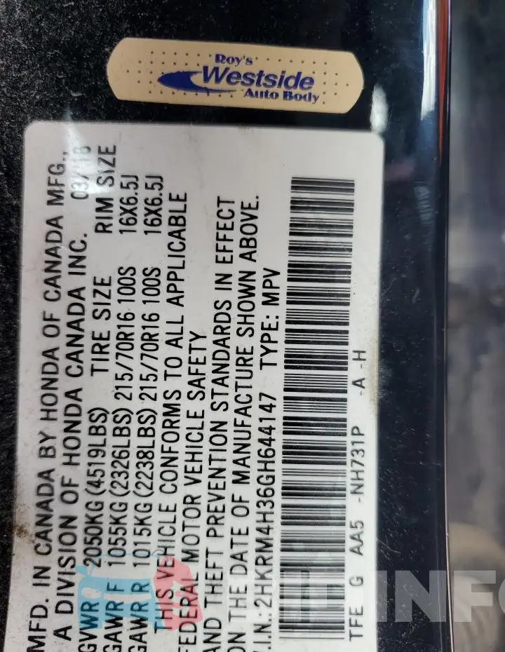 2HKRM4H36GH644147 Photo# 13