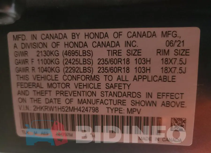 2HKRW1H52MH424798 Photo# 13