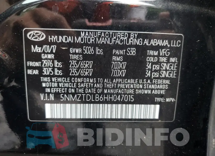 5NMZTDLB6HH047015 Photo# 14