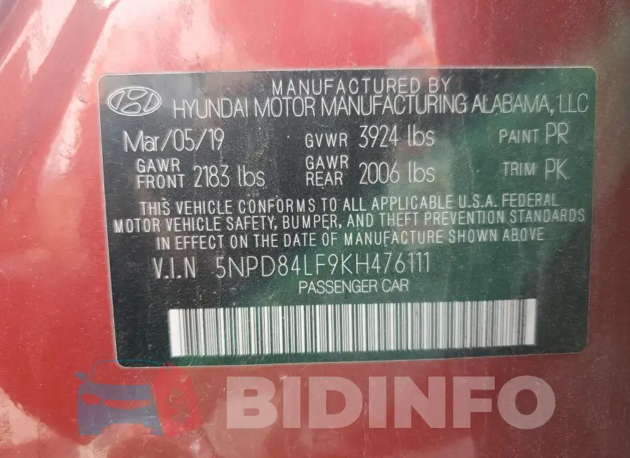 5NPD84LF9KH476111 Photo# 13