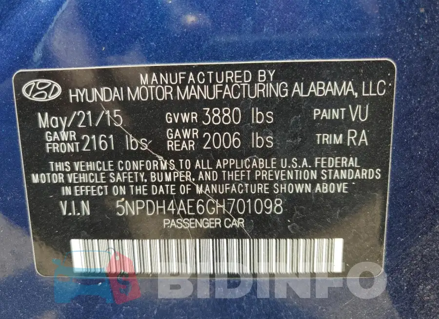 5NPDH4AE6GH701098 Photo# 12