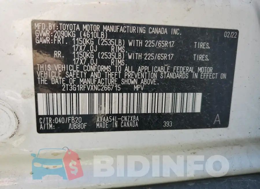 2T3G1RFVXNC266715 Photo# 12