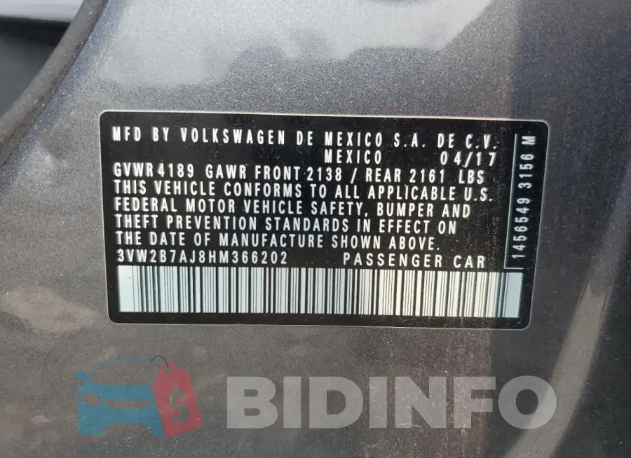 3VW2B7AJ8HM366202 Photo# 12