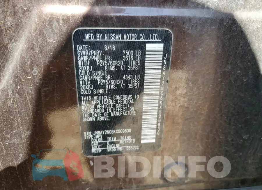 JN8AY2NC6KX509830 Photo# 14