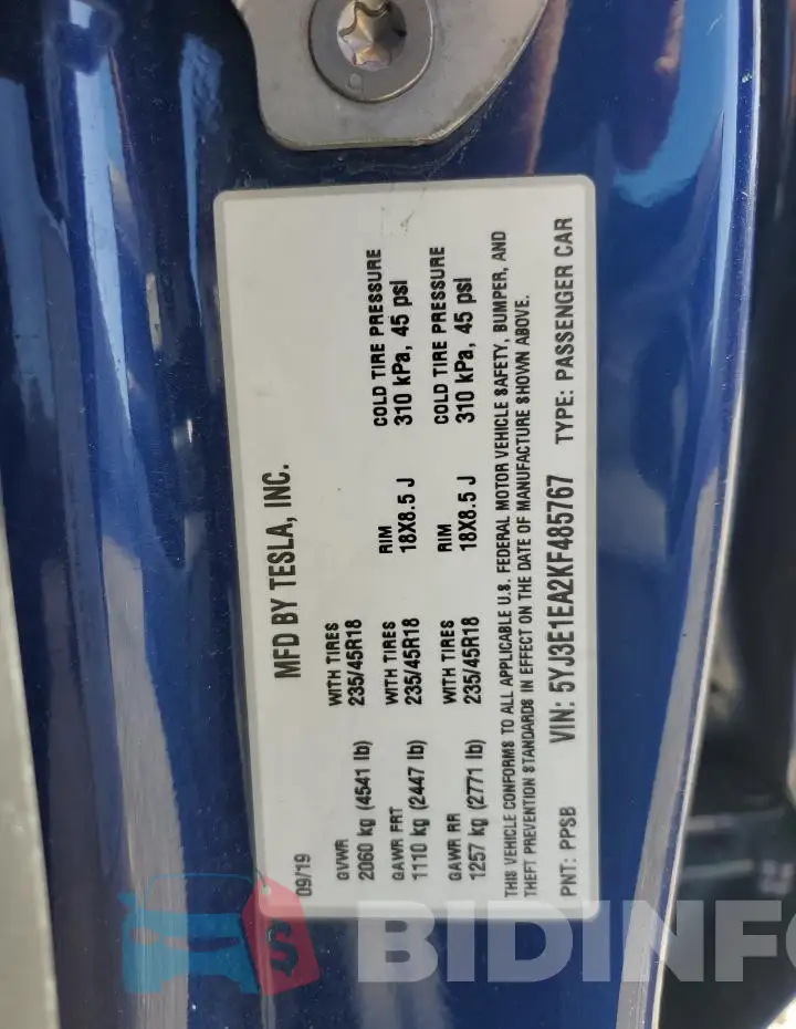 5YJ3E1EA2KF485767 Photo# 12