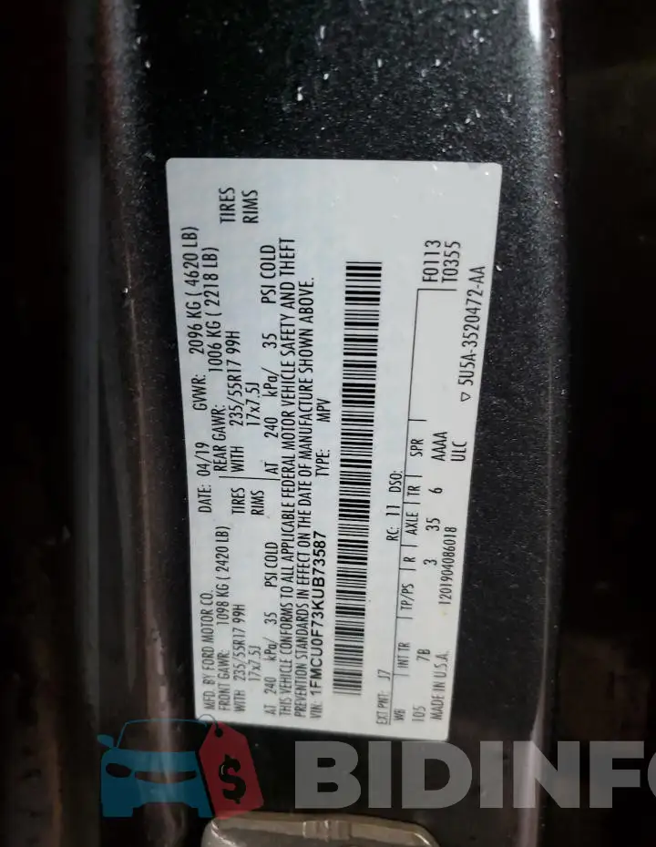1FMCU0F73KUB73587 Photo# 13