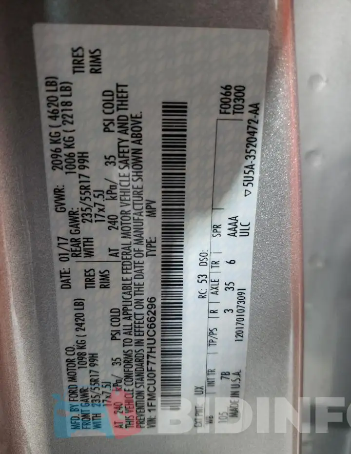 1FMCU0F77HUC66296 Photo# 13