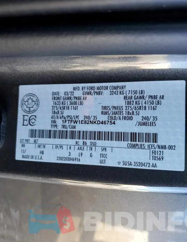1FTFW1E82NKD46754 Photo# 12