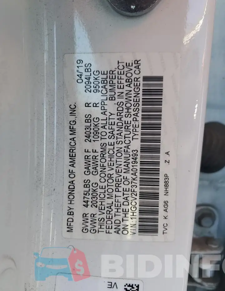 1HGCV2F37KA019493 Photo# 12
