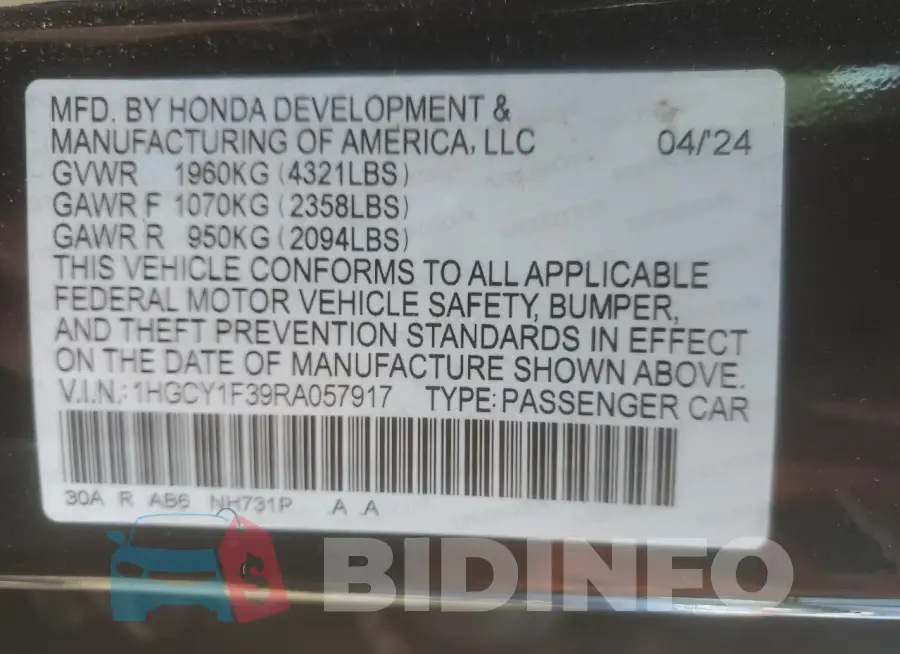 1HGCY1F39RA057917 Photo# 12