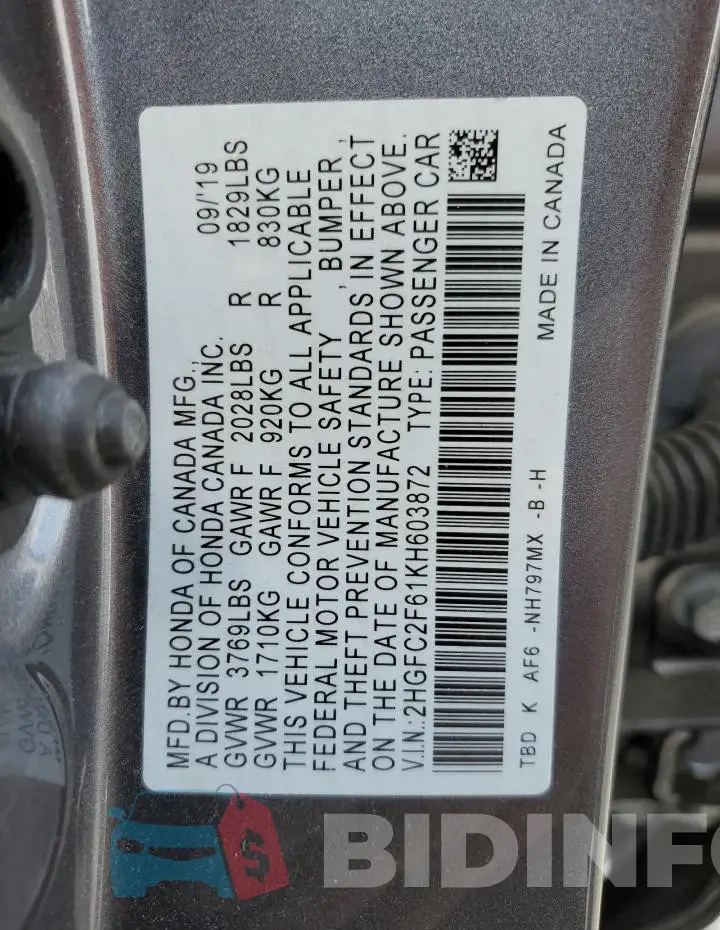 2HGFC2F61KH603872 Photo# 12