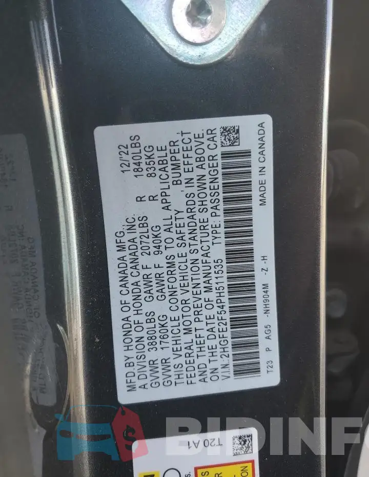 2HGFE2F54PH511535 Photo# 12