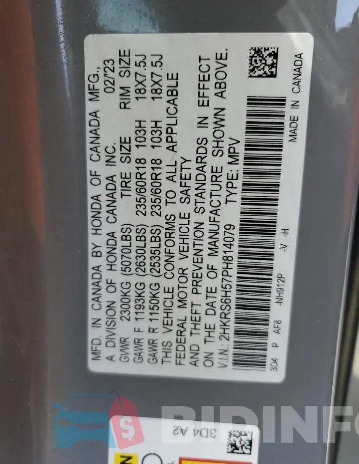 2HKRS6H57PH814079 Photo# 13