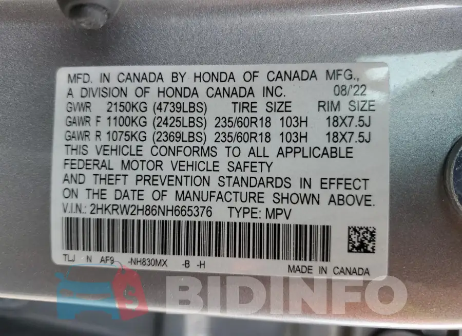2HKRW2H86NH665376 Photo# 13