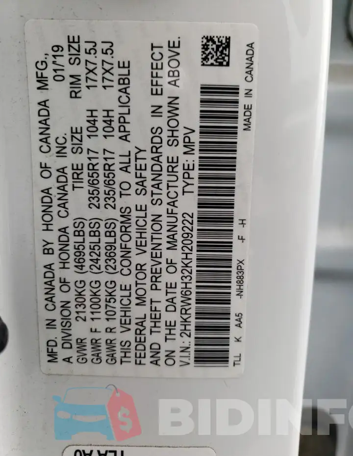 2HKRW6H32KH209222 Photo# 13