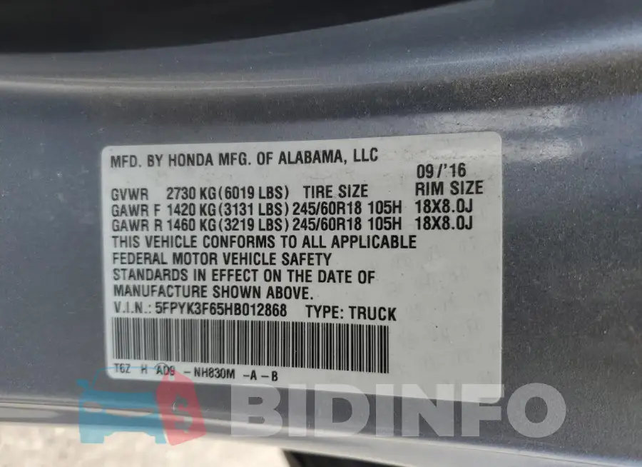 5FPYK3F65HB012868 Photo# 13