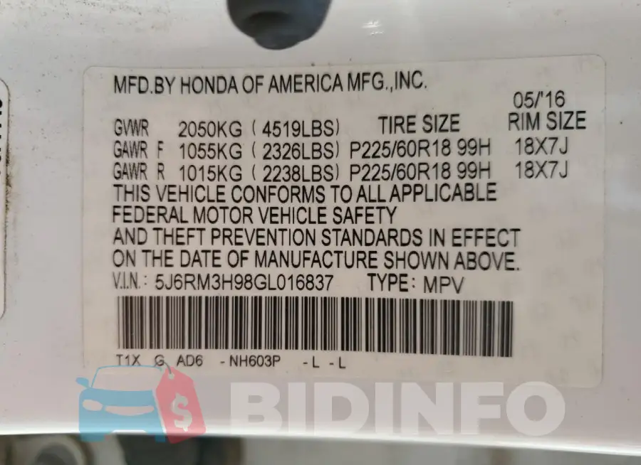 5J6RM3H98GL016837 Photo# 13