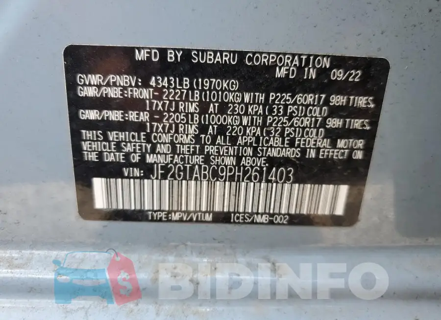 JF2GTABC9PH261403 Photo# 13
