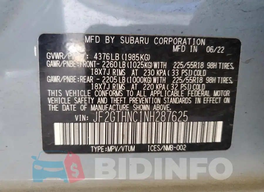 JF2GTHNC1NH287625 Photo# 12