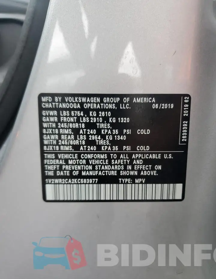 1V2WR2CA2KC583977 Photo# 14