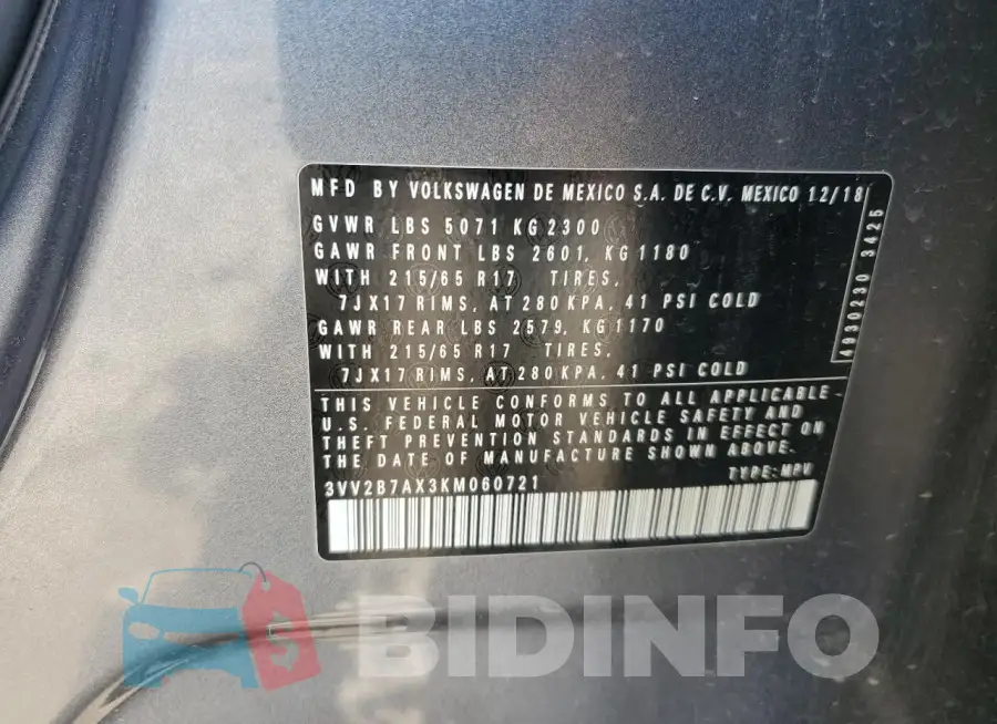 3VV2B7AX3KM060721 Photo# 12
