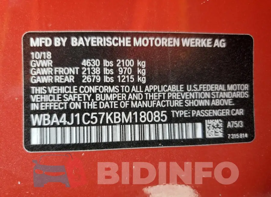 WBA4J1C57KBM18085 Photo# 12