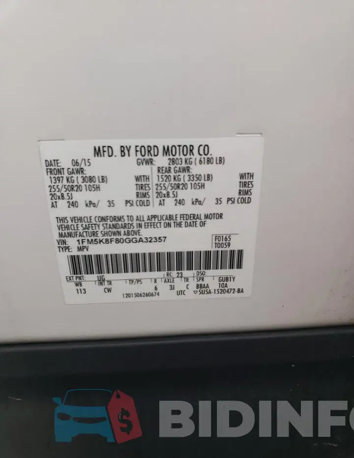 1FM5K8F80GGA32357 Photo# 13