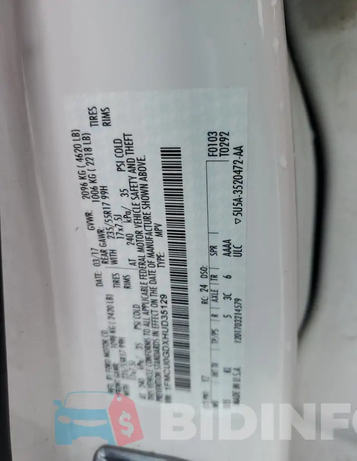 1FMCU0GDXHUD35129 Photo# 13