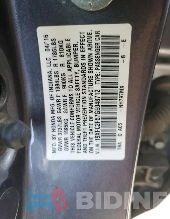19XFC2F57GE048712 Photo# 12