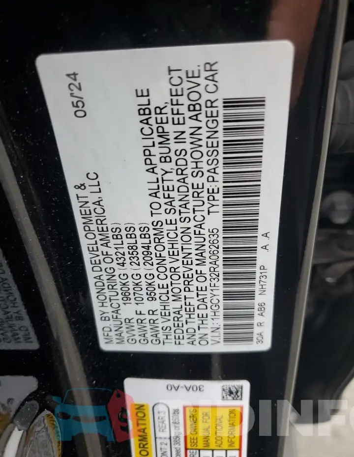 1HGCY1F32RA062635 Photo# 12