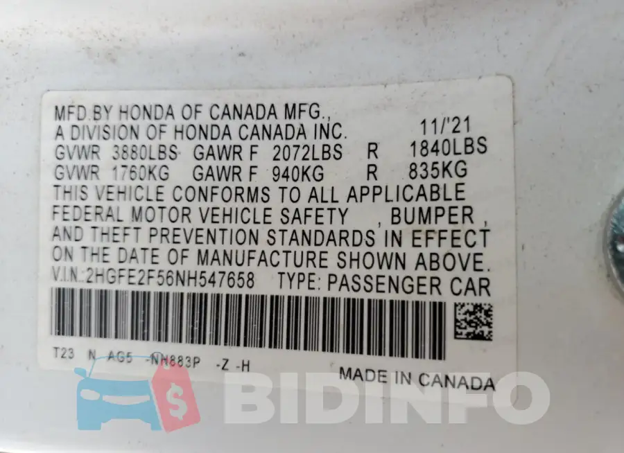 2HGFE2F56NH547658 Photo# 12