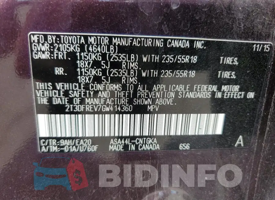 2T3DFREV7GW414360 Photo# 13