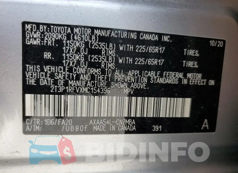 2T3P1RFVXMC154396 Photo# 14