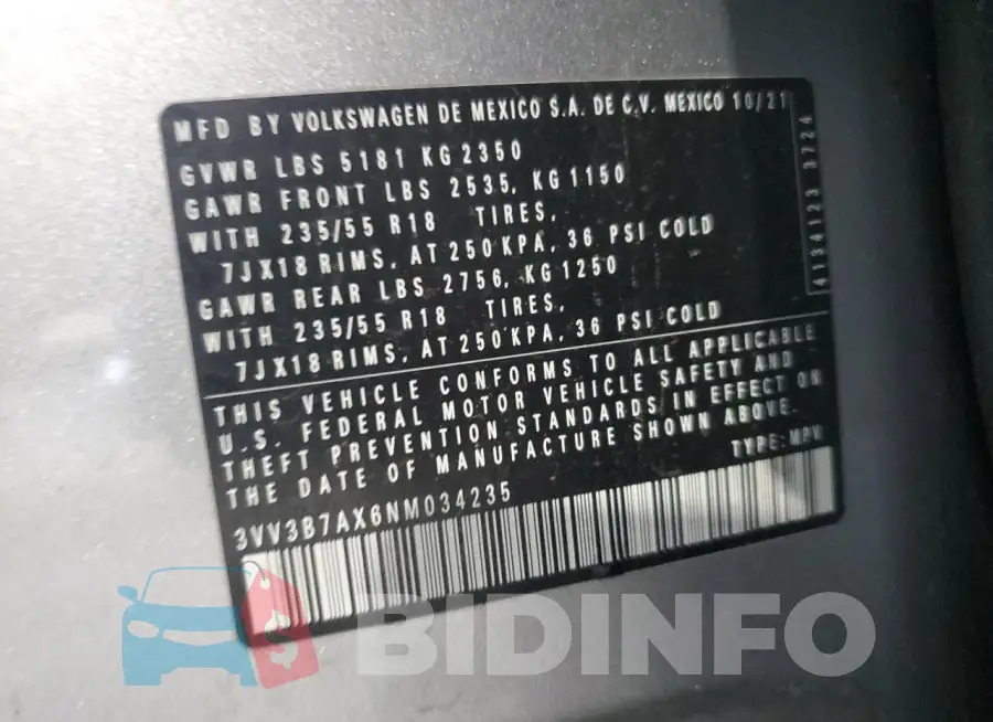 3VV3B7AX6NM034235 Photo# 13